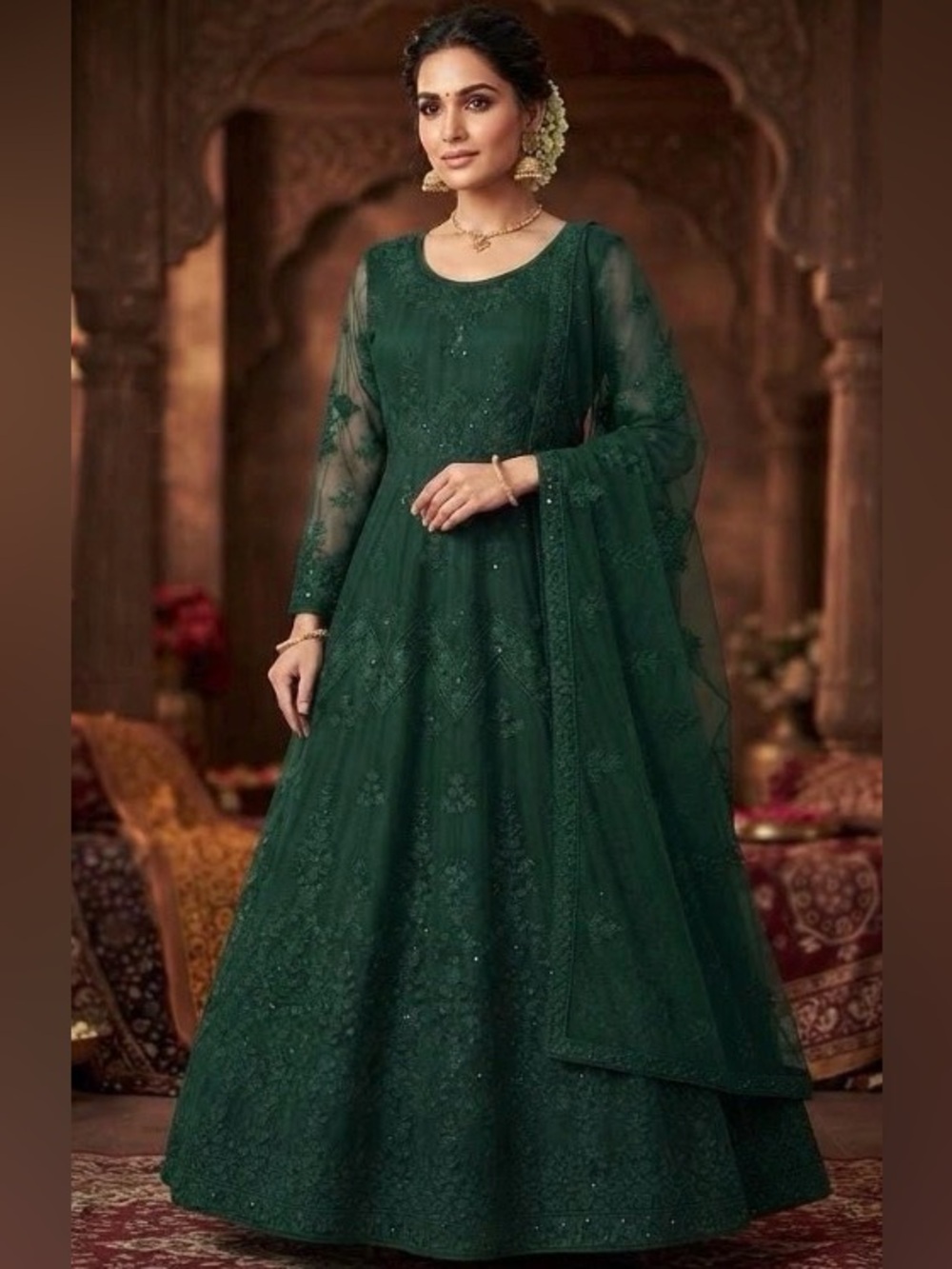Dark Green Heavy Embroidered Anarkali Dress